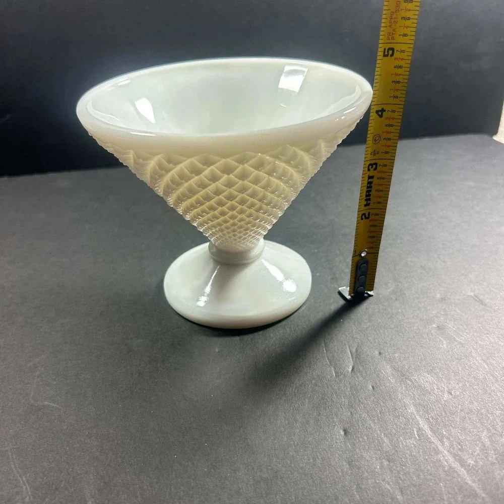 Milk Glass Sherbet Cup White Diamond Point Footed Dessert Bowl Vintage 4.5in